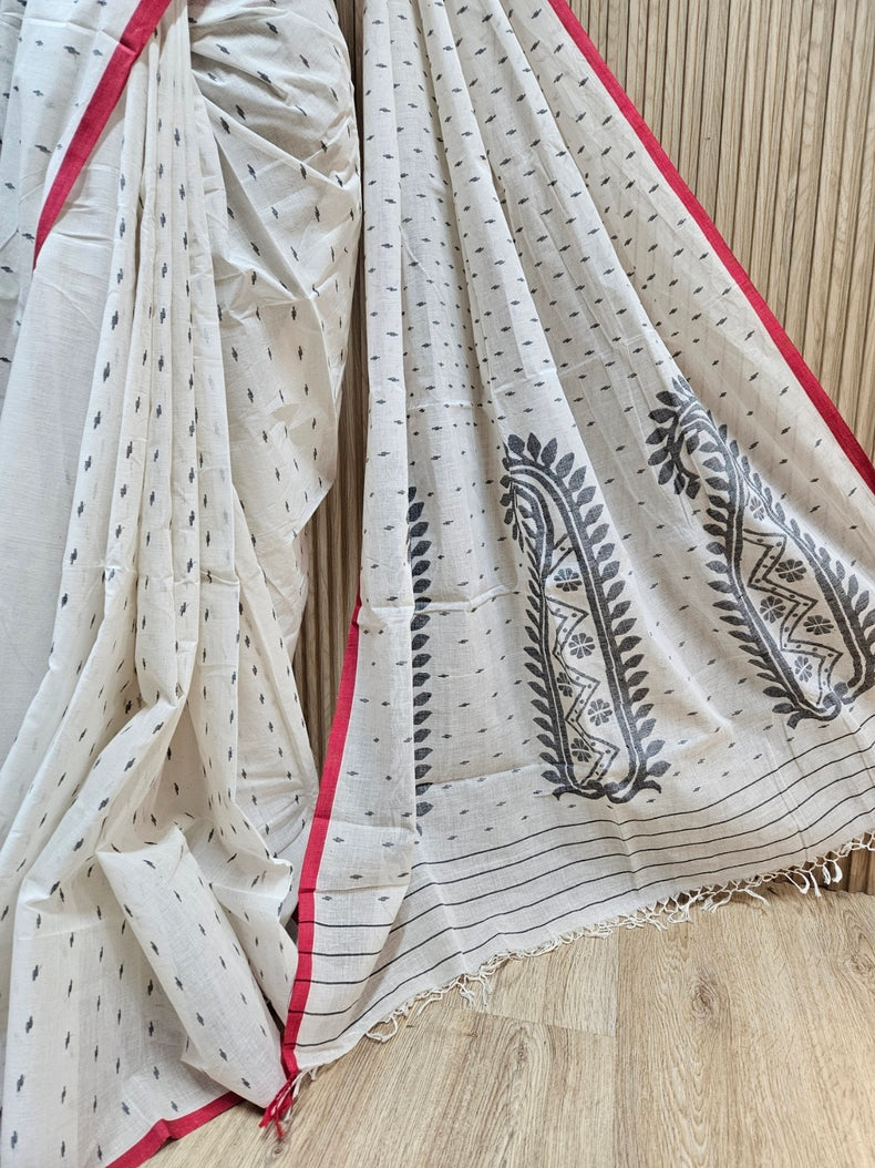 Stunning Off-White & Black Handwoven Cotton Jamdani Saree Balaram Saha