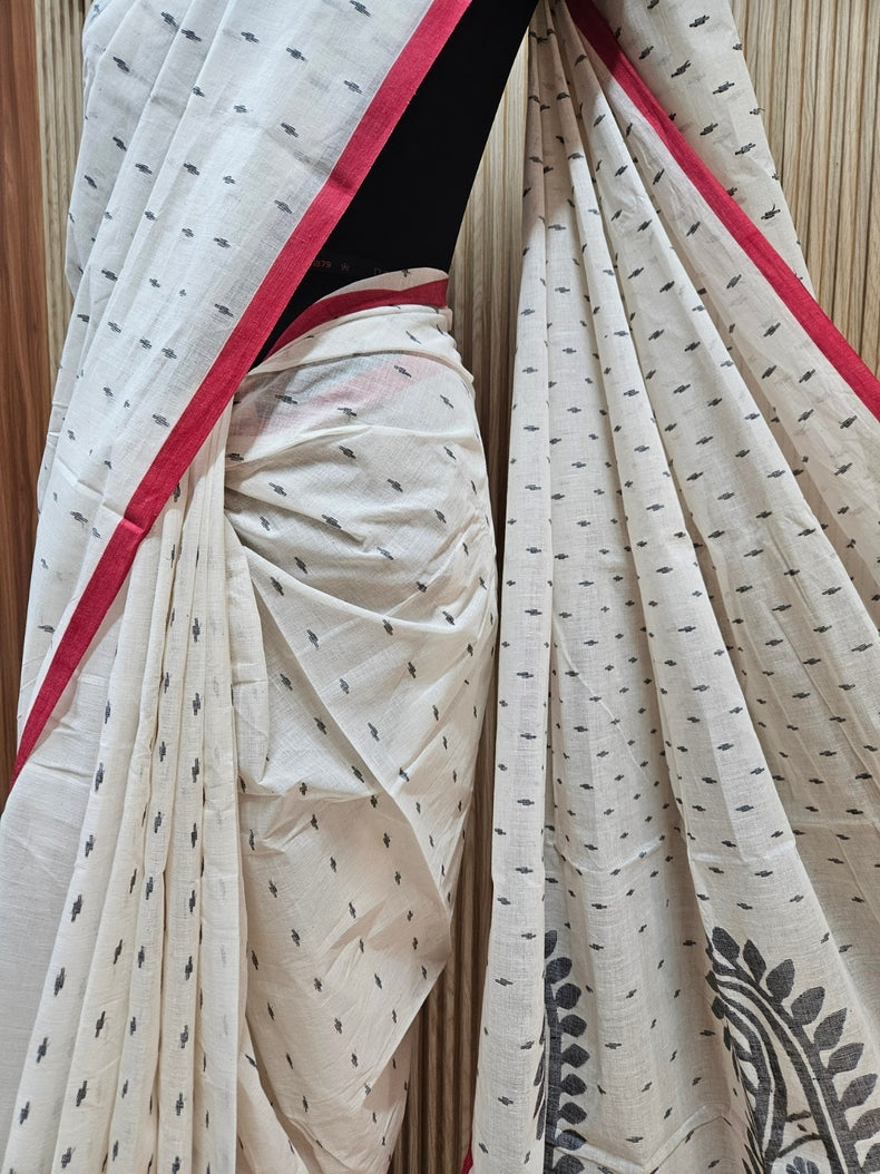 Stunning Off-White & Black Handwoven Cotton Jamdani Saree Balaram Saha