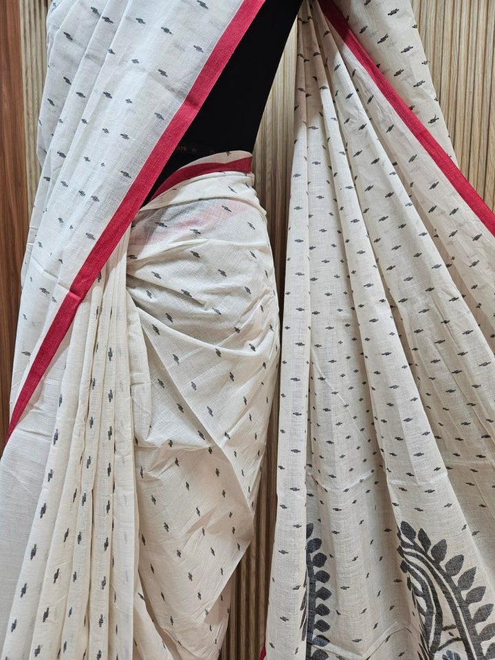 Stunning Off-White & Black Handwoven Cotton Jamdani Saree Balaram Saha