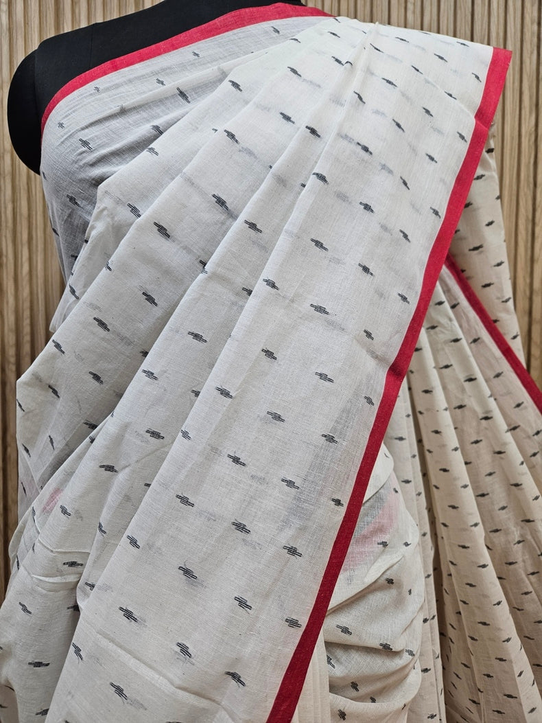 Stunning Off-White & Black Handwoven Cotton Jamdani Saree Balaram Saha