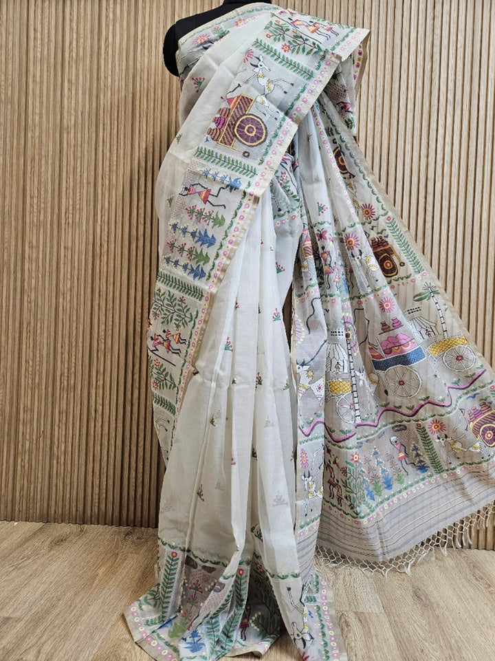 Handwoven Muslin Silk Jamdani Saree with Multicolor Tribal Woven Design Balaram Saha