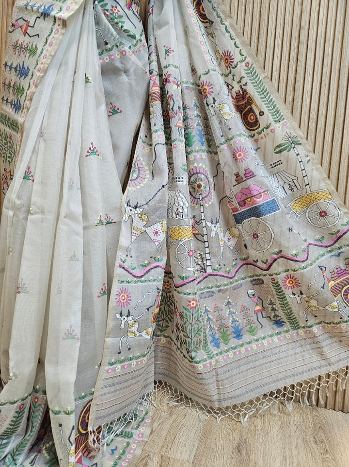 Handwoven Muslin Silk Jamdani Saree with Multicolor Tribal Woven Design Balaram Saha