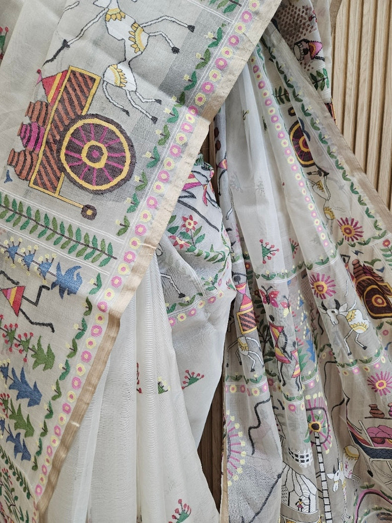 Handwoven Muslin Silk Jamdani Saree with Multicolor Tribal Woven Design Balaram Saha