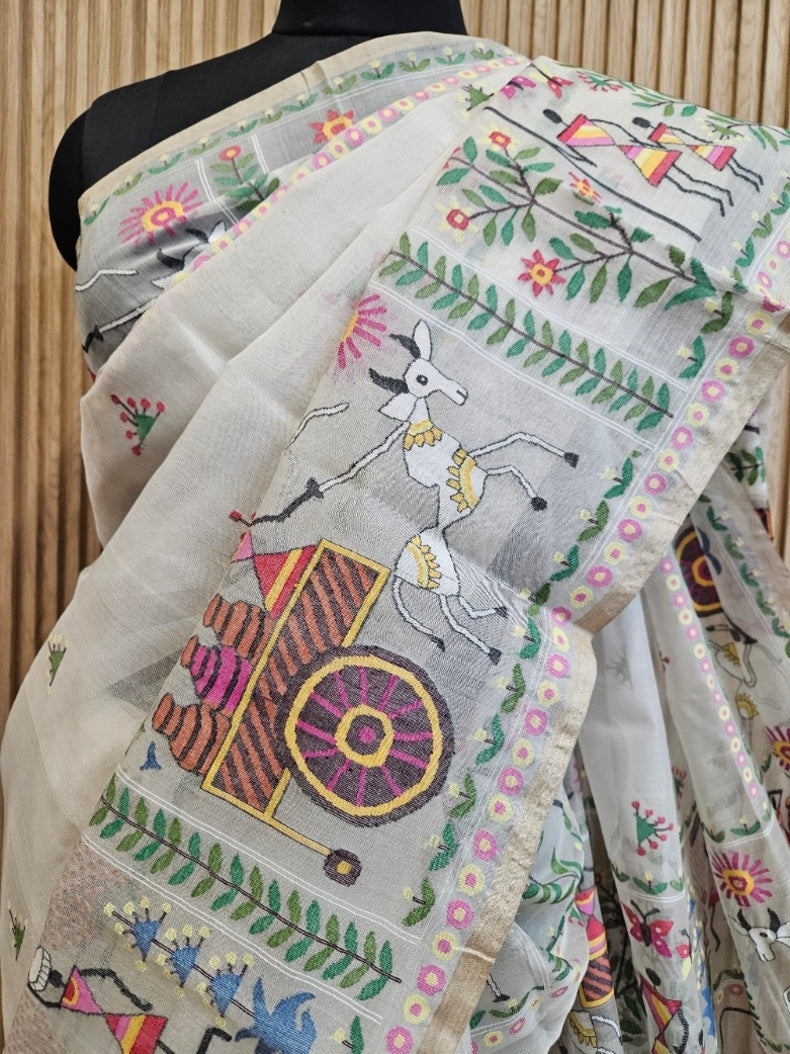 Handwoven Muslin Silk Jamdani Saree with Multicolor Tribal Woven Design Balaram Saha