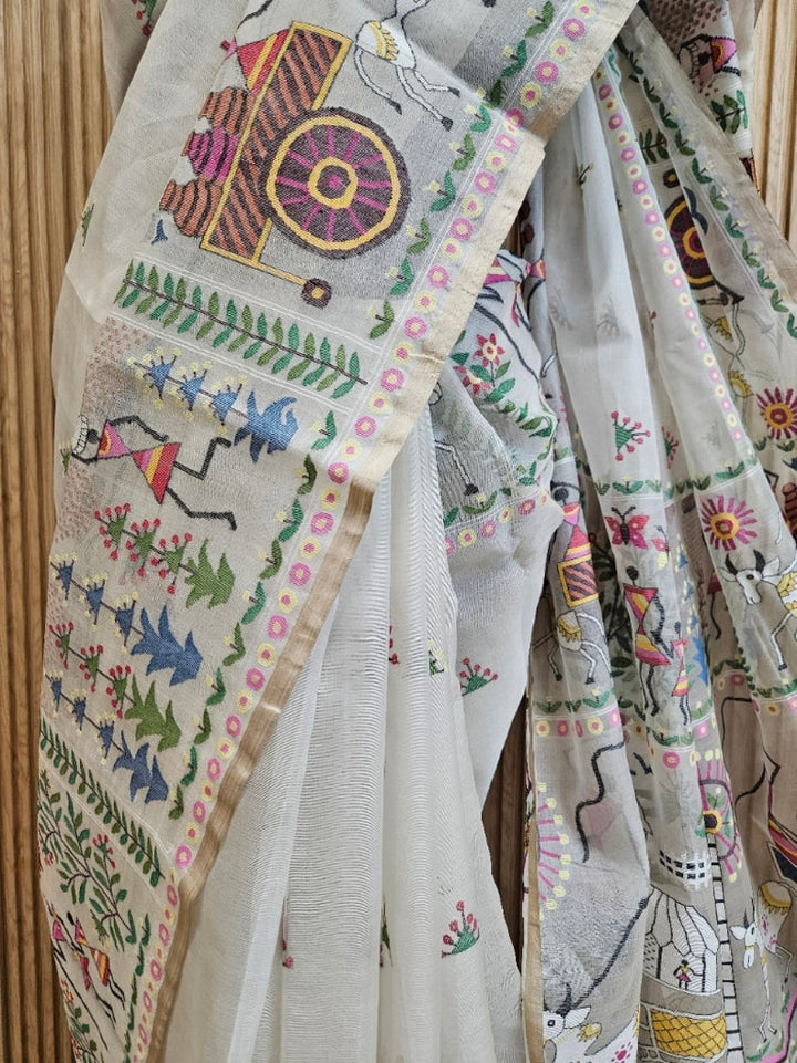Handwoven Muslin Silk Jamdani Saree with Multicolor Tribal Woven Design Balaram Saha