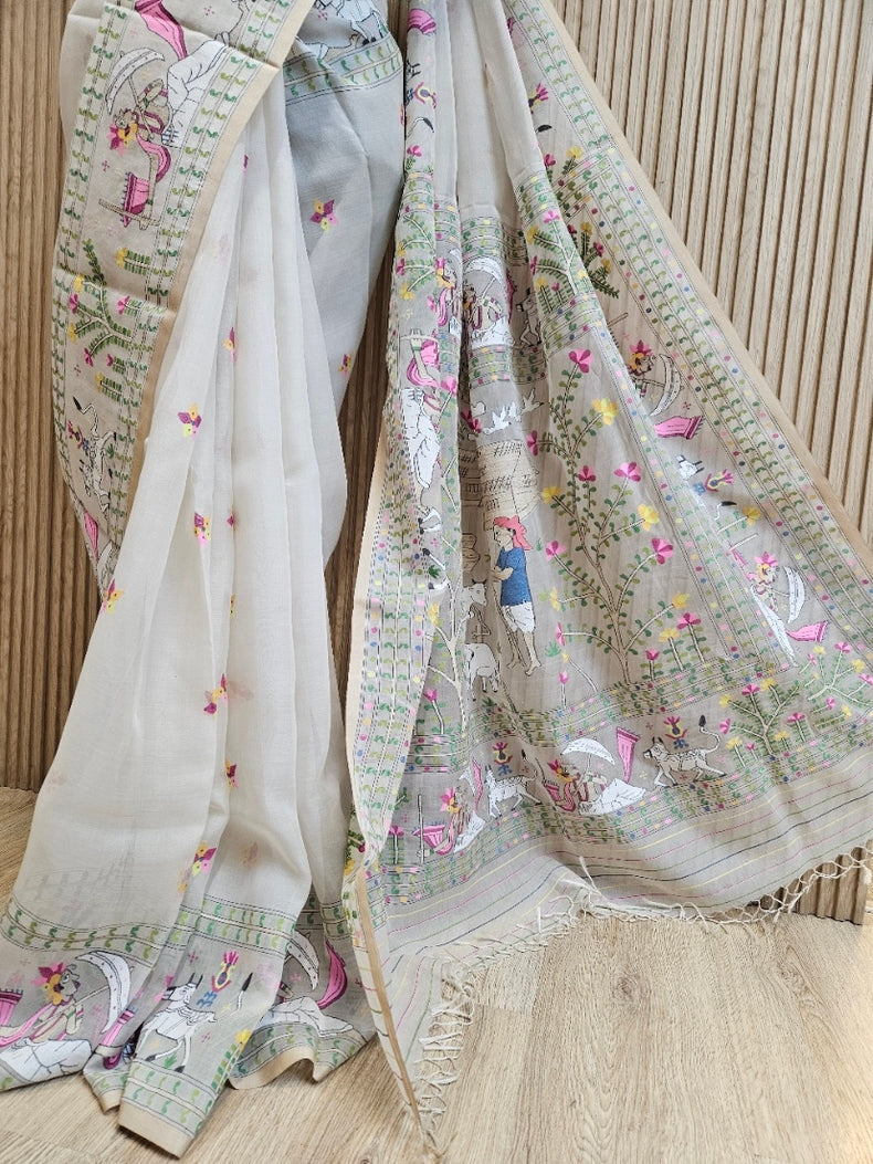 Handwoven Muslin Silk Jamdani Saree with Multicolor Traditional Village Scene Woven Balaram Saha