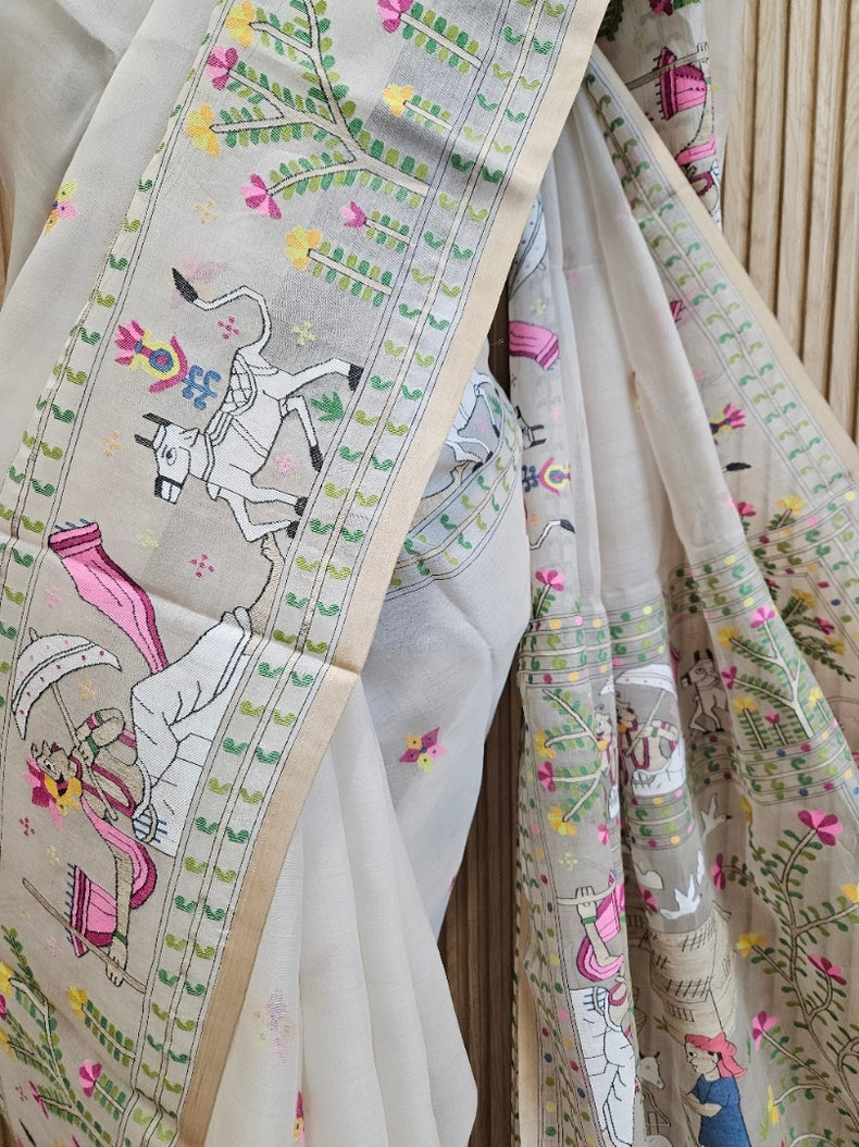 Handwoven Muslin Silk Jamdani Saree with Multicolor Traditional Village Scene Woven Balaram Saha