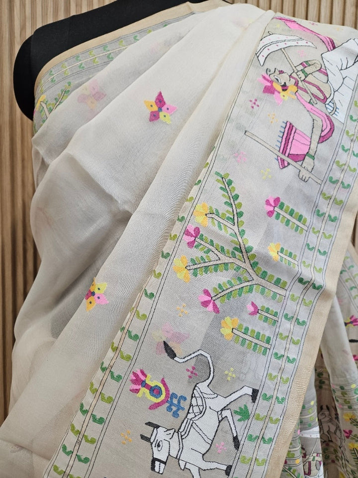 Handwoven Muslin Silk Jamdani Saree with Multicolor Traditional Village Scene Woven Balaram Saha