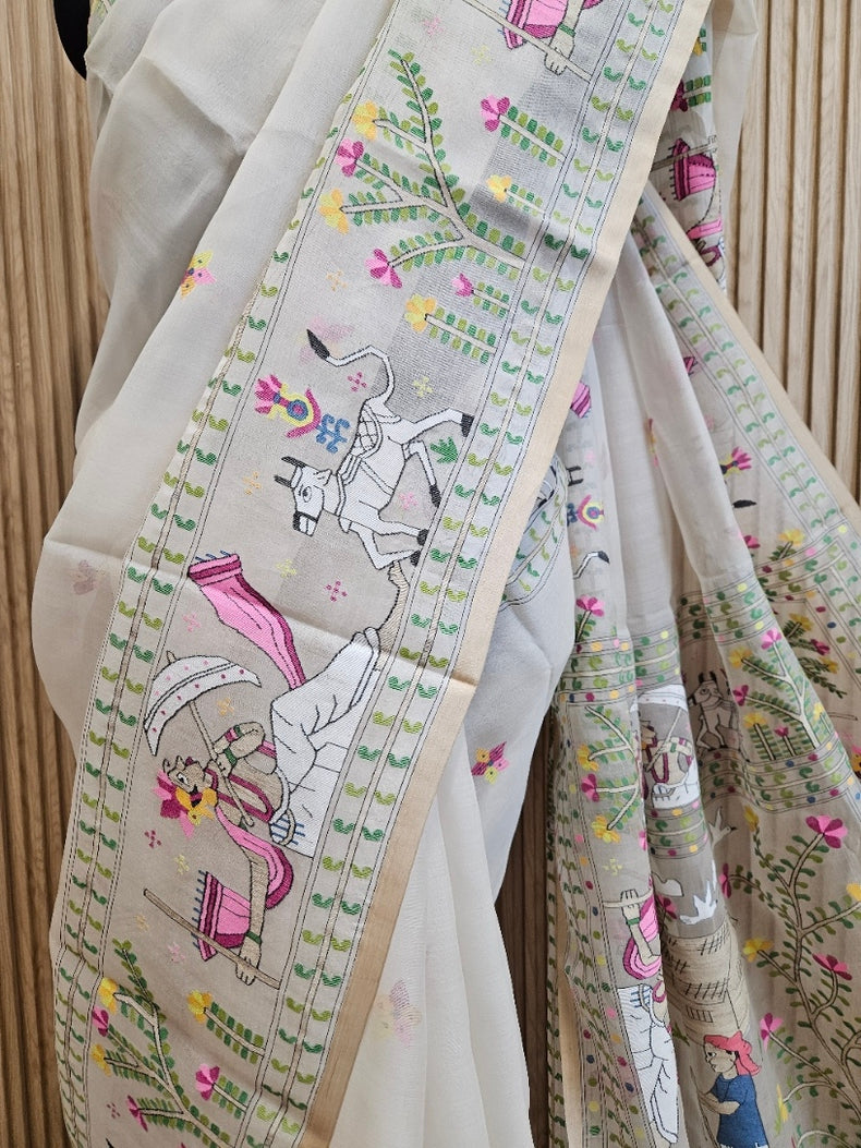 Handwoven Muslin Silk Jamdani Saree with Multicolor Traditional Village Scene Woven Balaram Saha