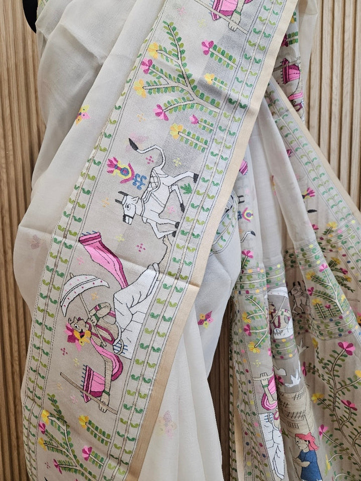 Handwoven Muslin Silk Jamdani Saree with Multicolor Traditional Village Scene Woven Balaram Saha