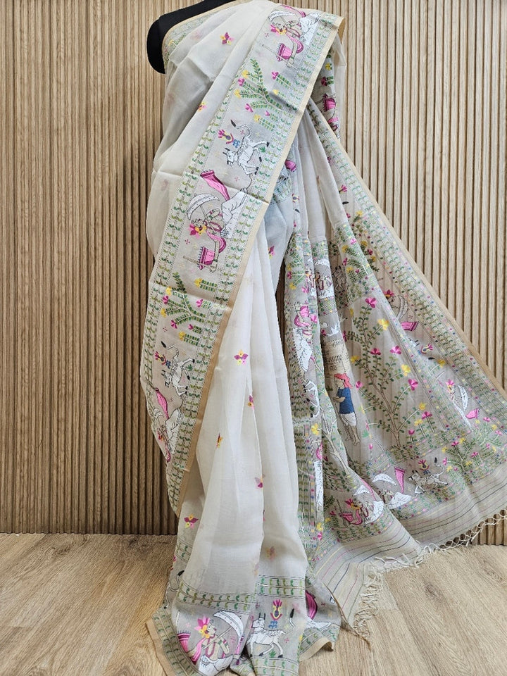Handwoven Muslin Silk Jamdani Saree with Multicolor Traditional Village Scene Woven Balaram Saha