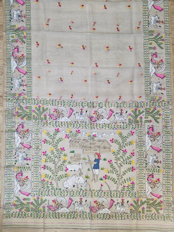 Handwoven Muslin Silk Jamdani Saree with Multicolor Traditional Village Scene Woven Balaram Saha
