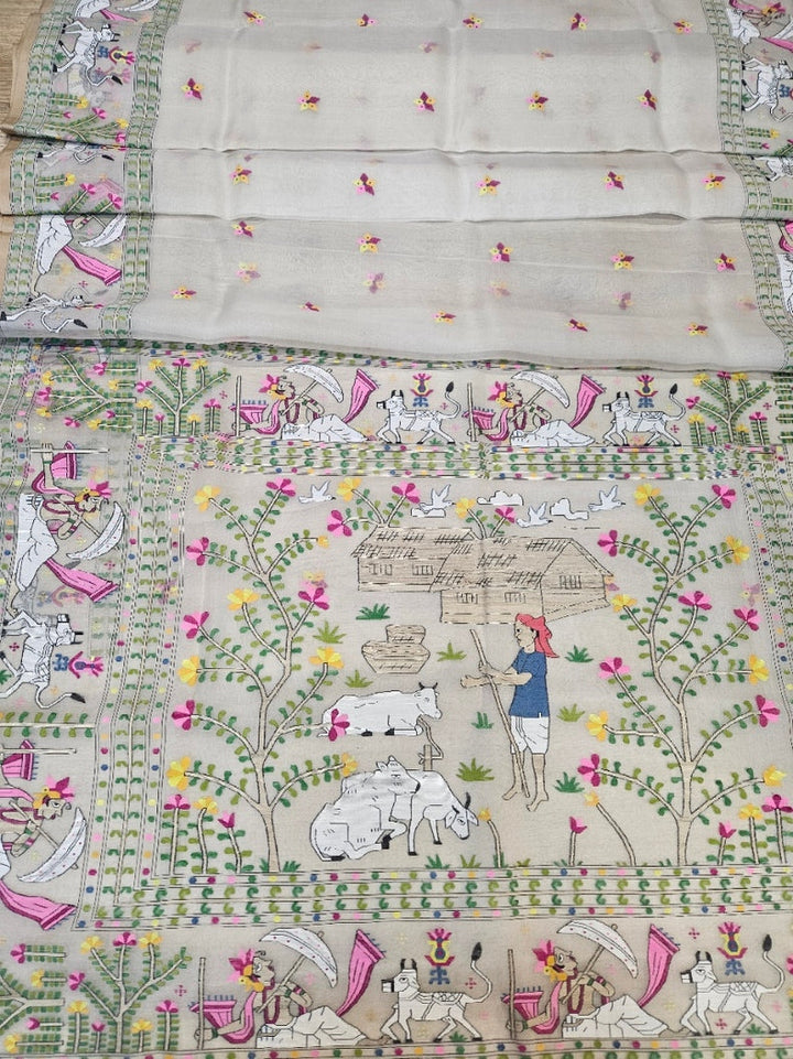 Handwoven Muslin Silk Jamdani Saree with Multicolor Traditional Village Scene Woven Balaram Saha