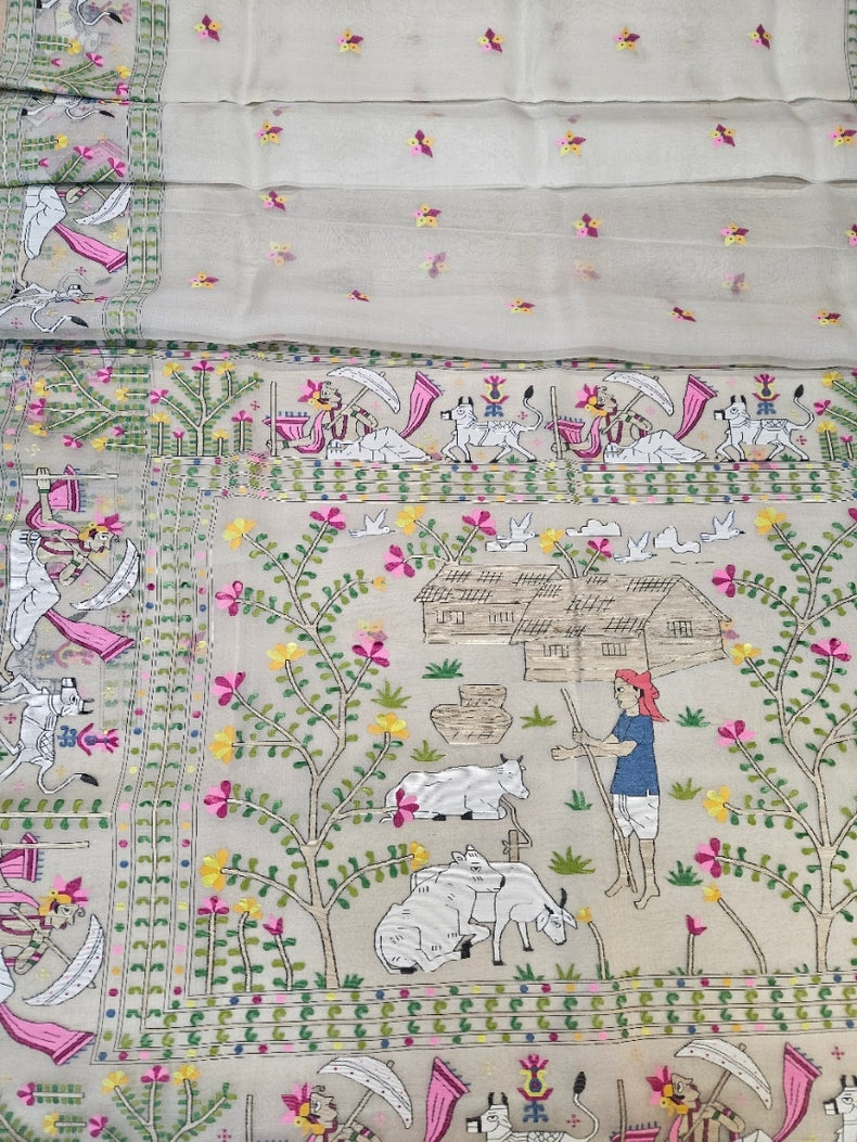 Handwoven Muslin Silk Jamdani Saree with Multicolor Traditional Village Scene Woven Balaram Saha