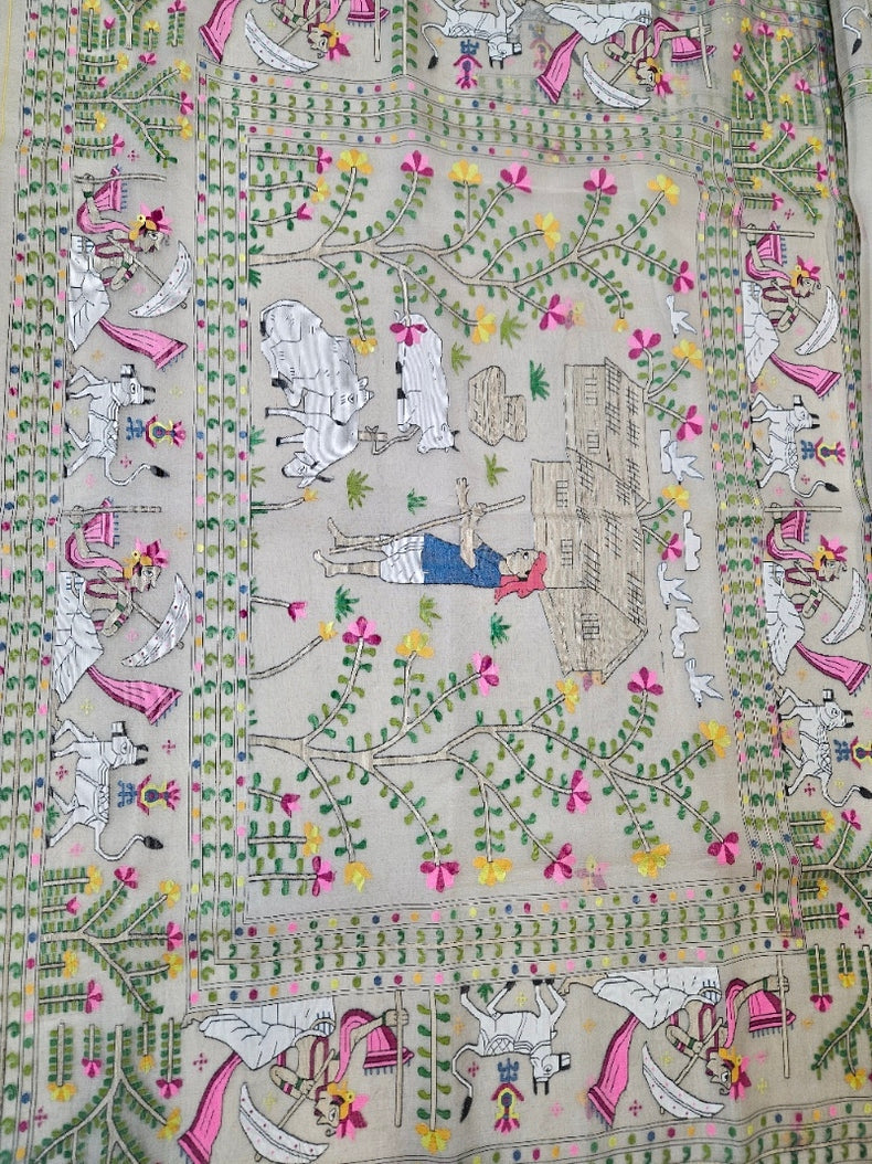 Handwoven Muslin Silk Jamdani Saree with Multicolor Traditional Village Scene Woven Balaram Saha