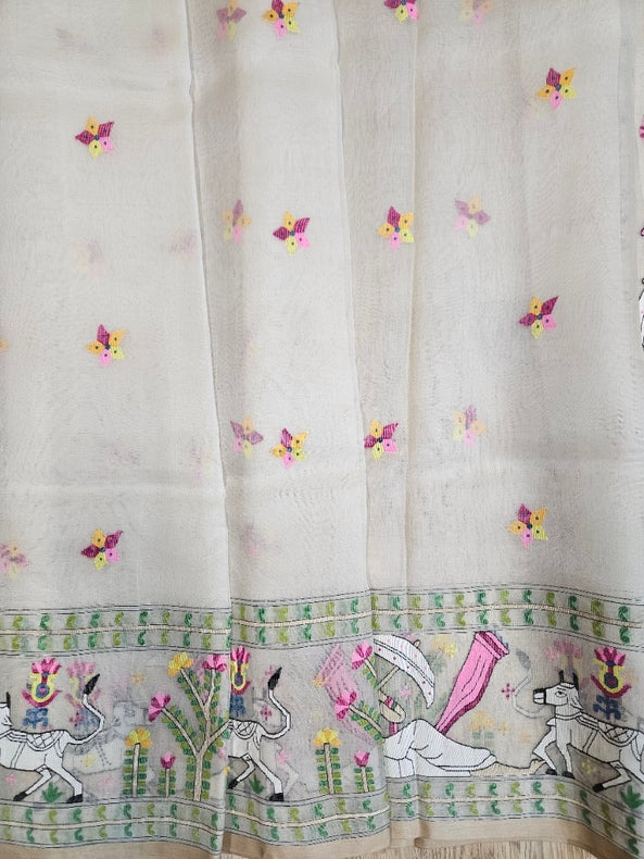 Handwoven Muslin Silk Jamdani Saree with Multicolor Traditional Village Scene Woven Balaram Saha