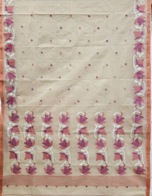 Beige & Peach Handwoven Traditional Cotton Jamdani Saree Balaram Saha