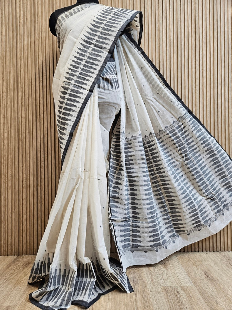 Handwoven Haven: White & Black Handloom Handwoven Cotton Jamdani Saree Balaram Saha