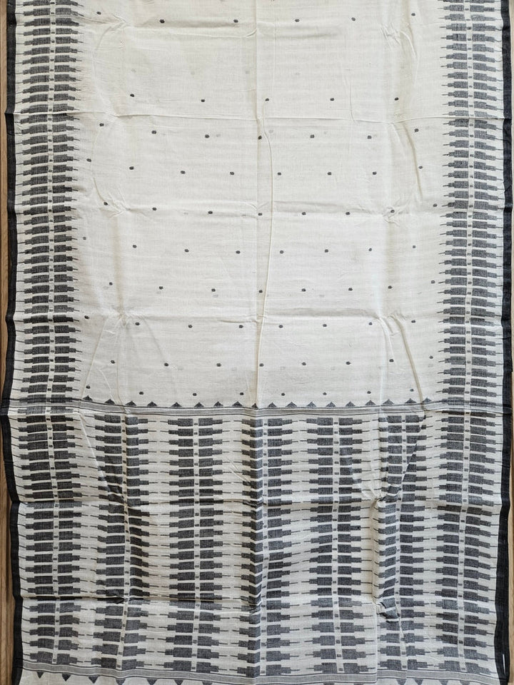 Handwoven Haven: White & Black Handloom Handwoven Cotton Jamdani Saree Balaram Saha