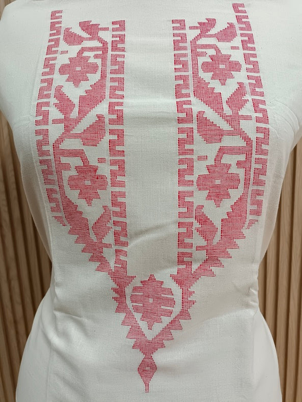 Off-White & Red Handwoven Cotton Jamdani Unisex Kurta Piece Balaram Saha