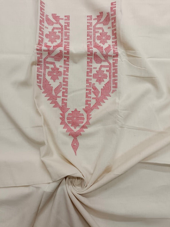 Off-White & Red Handwoven Cotton Jamdani Unisex Kurta Piece Balaram Saha