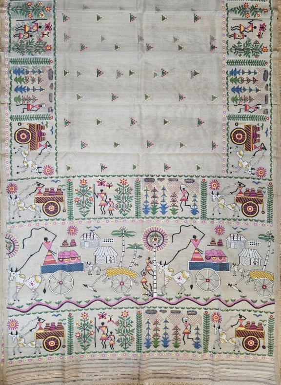 Handwoven Muslin Silk Jamdani Saree with Multicolor Tribal Woven Design Balaram Saha