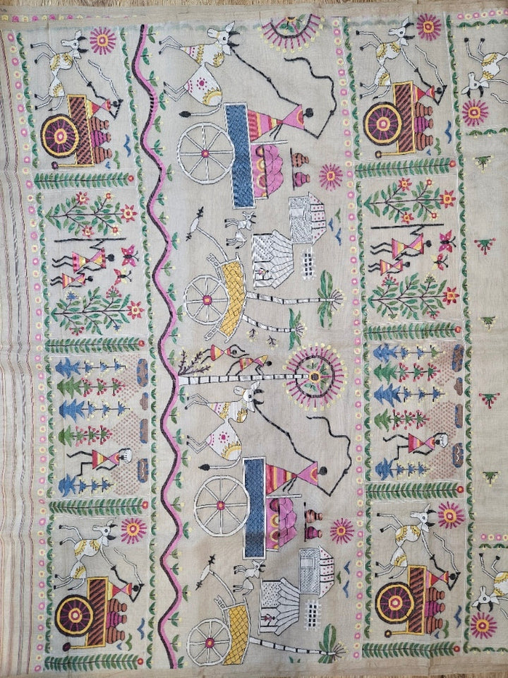 Handwoven Muslin Silk Jamdani Saree with Multicolor Tribal Woven Design Balaram Saha