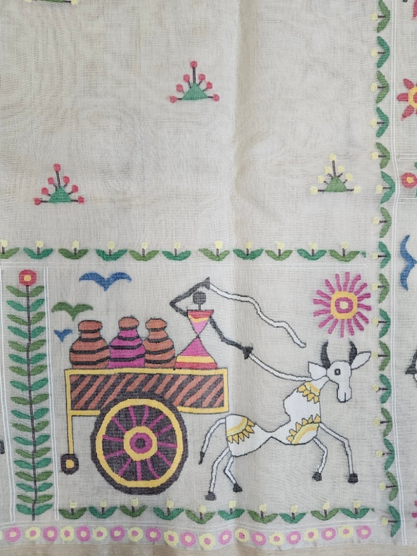 Handwoven Muslin Silk Jamdani Saree with Multicolor Tribal Woven Design Balaram Saha