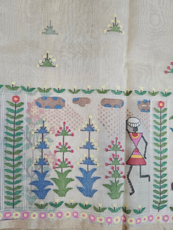 Handwoven Muslin Silk Jamdani Saree with Multicolor Tribal Woven Design Balaram Saha