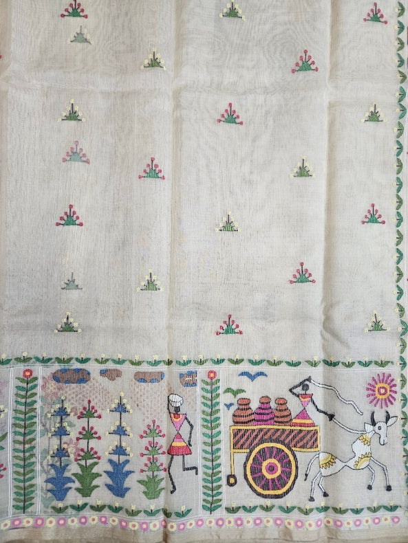 Handwoven Muslin Silk Jamdani Saree with Multicolor Tribal Woven Design Balaram Saha