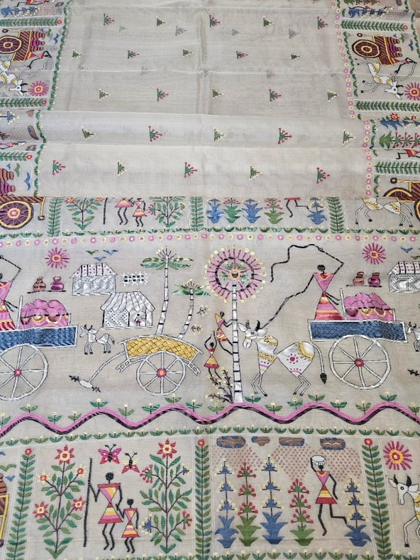 Handwoven Muslin Silk Jamdani Saree with Multicolor Tribal Woven Design Balaram Saha