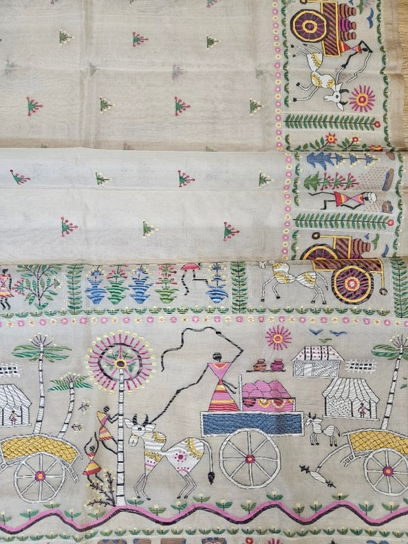 Handwoven Muslin Silk Jamdani Saree with Multicolor Tribal Woven Design Balaram Saha