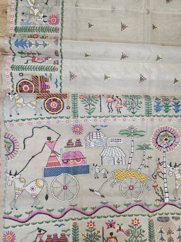 Handwoven Muslin Silk Jamdani Saree with Multicolor Tribal Woven Design Balaram Saha