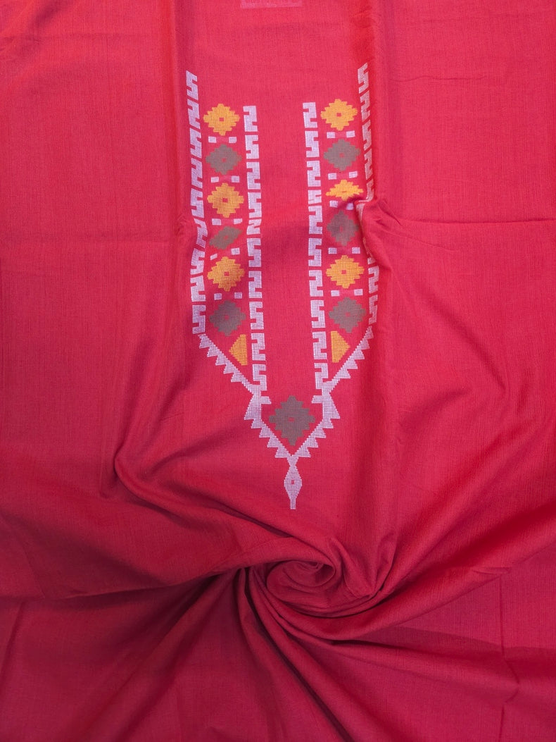 Red & Multicolor Handwoven Cotton  Unisex Jamdani Kurta Piece Balaram Saha