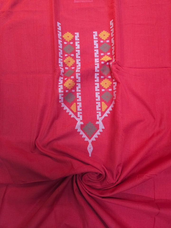 Red & Multicolor Handwoven Cotton  Unisex Jamdani Kurta Piece Balaram Saha