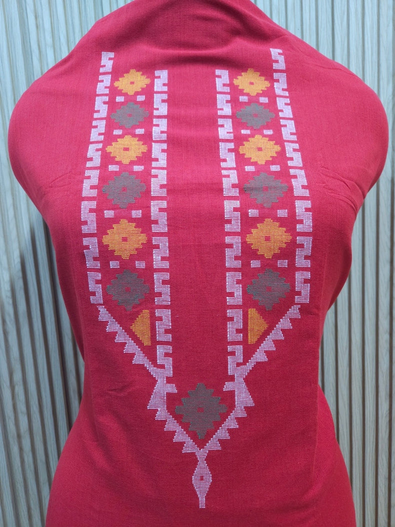 Red & Multicolor Handwoven Cotton  Unisex Jamdani Kurta Piece Balaram Saha