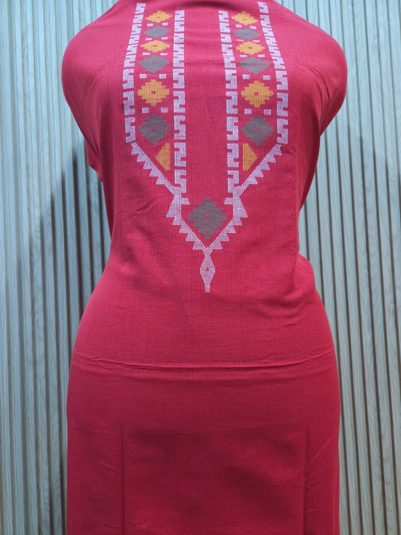 Red & Multicolor Handwoven Cotton  Unisex Jamdani Kurta Piece Balaram Saha