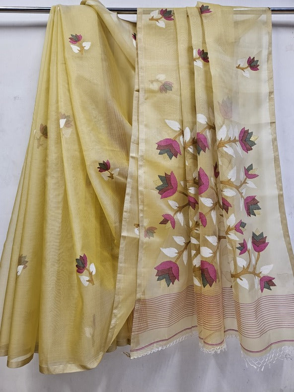 Mustard Handwoven Muslin Silk Jamdani Saree Balaram Saha