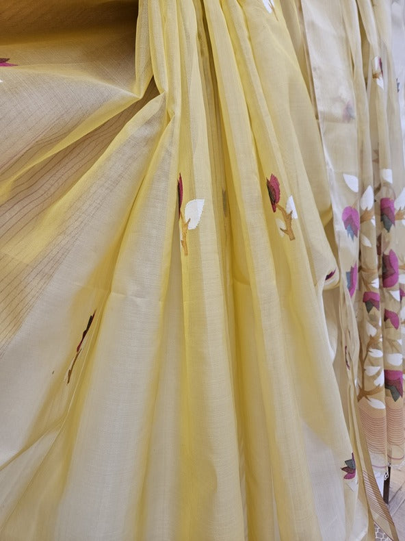 Mustard Handwoven Muslin Silk Jamdani Saree Balaram Saha