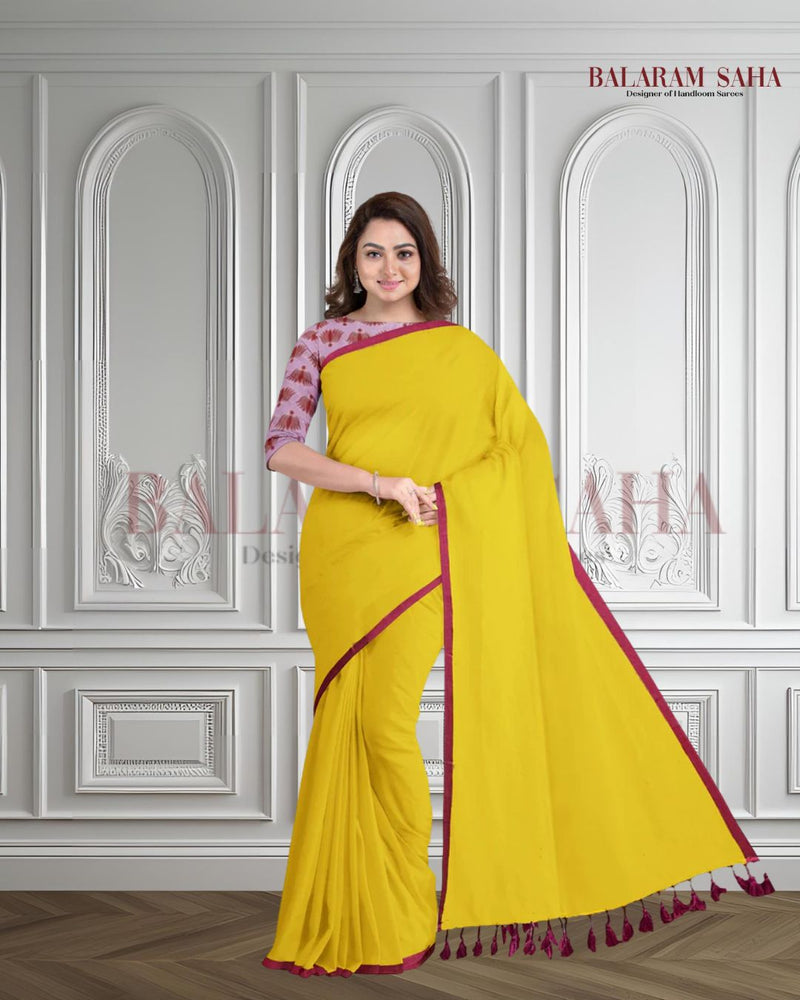 Yellow & Pink Soft Handloom Mul Cotton Saree Balaram Saha