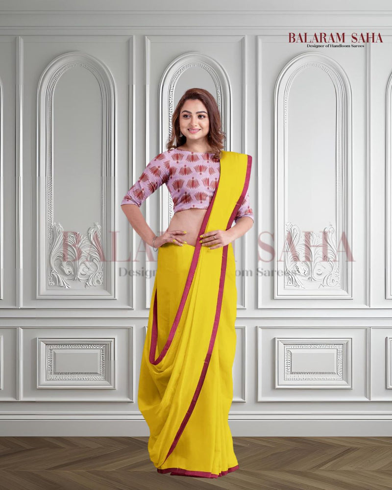 Yellow & Pink Soft Handloom Mul Cotton Saree Balaram Saha