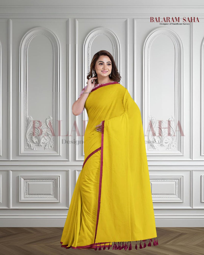 Yellow & Pink Soft Handloom Mul Cotton Saree Balaram Saha