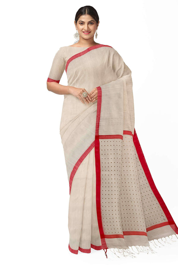 Introducing this elegant off-white and red handloom saree crafted from fine Matka silk and featuring a red satin plain border with subtly woven siqueen on the anchal and blouse. This saree is perfect for any formal occasion and is sure to make you stand out.