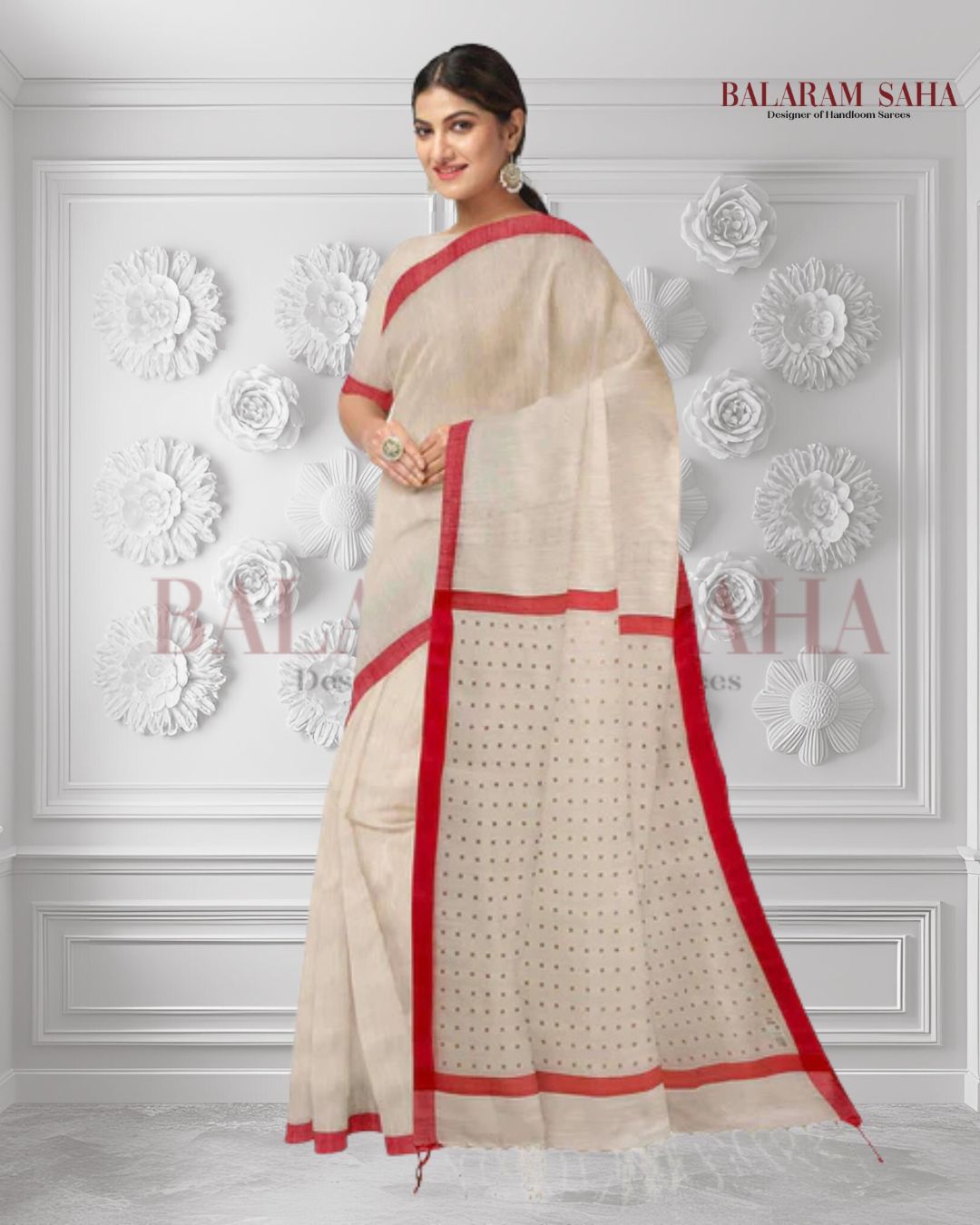 White & Red Soft Handloom Matka Silk Siqueen Woven Saree Balaram Saha