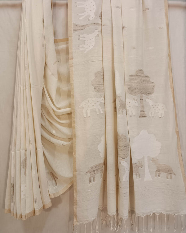 Off-White & Beige Soft  Handspun Handwoven Cotton Jamdani Saree Balaram Saha