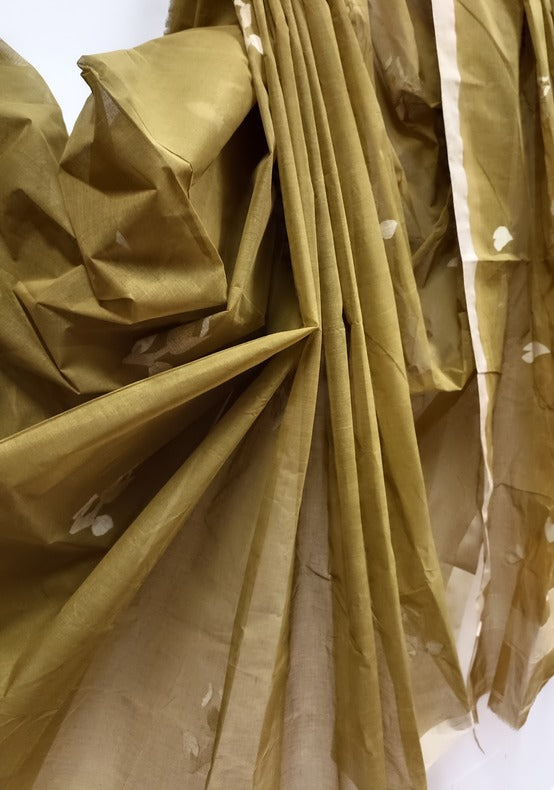 Olive Green & Beige Handwoven Traditional Cotton Jamdani Saree Balaram Saha