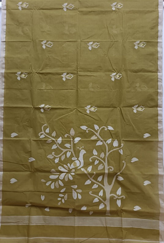 Olive Green & Beige Handwoven Traditional Cotton Jamdani Saree Balaram Saha