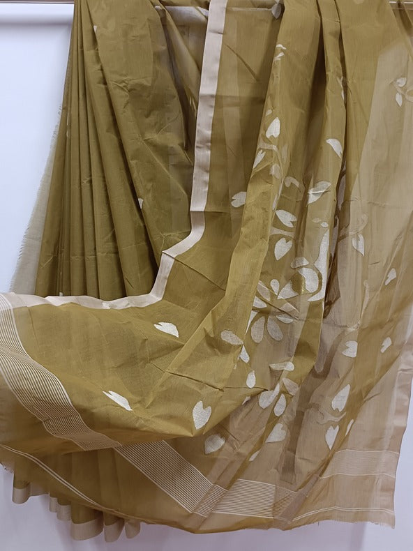 Olive Green & Beige Handwoven Traditional Cotton Jamdani Saree Balaram Saha