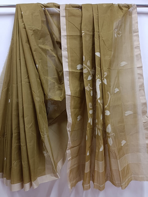 Olive Green & Beige Handwoven Traditional Cotton Jamdani Saree Balaram Saha