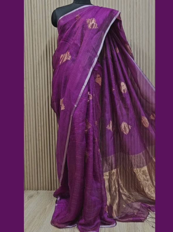 Magenta and Golden Zari Soft Handwoven Muslin Silk saree

